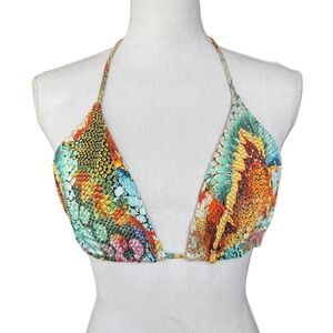 Luli Fama Womens Multi Color Snakeskin Scale Print Triangle Bikini Top Halter